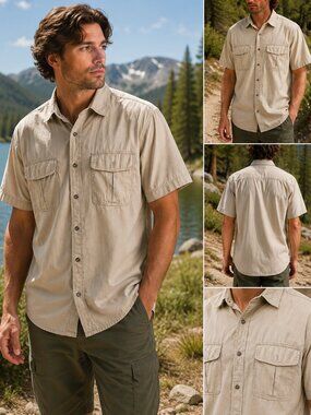 Cabela’s Men Kaki Safari Fishing Shirt Short Sleeve Utility Outdoor Button Up XL